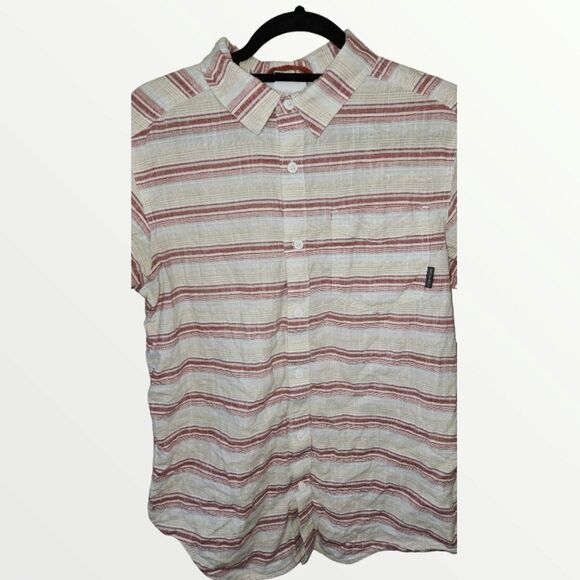 Columbia Button Up Shirt Mens Size M Short Sleeve Beige Red Gray Stripe - Picture 3 of 8